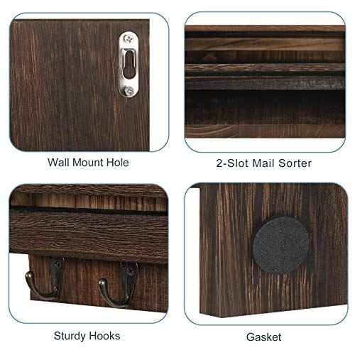 Mail Holder for Wall, Wooden Mail Sorter with 4 Key Hooks, 2 Slot Wall Mounted Mail Sorter Letter Bills Newspaper Magazine Organizer for Entryroom Hallway Office Garage, Rustic Brown