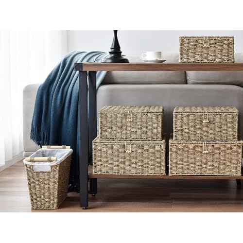 StorageWorks Seagrass Waste Basket for Living Room, Wicker Trash Can with Wooden Handles for Bedroom, Bathroom Trash Can, 12 Liter, 1 Pack