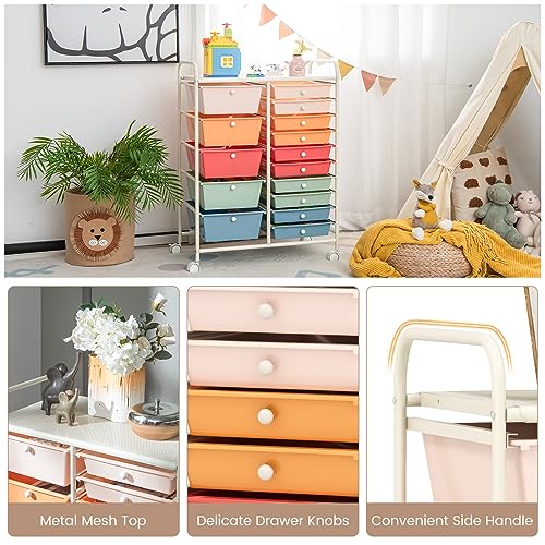 RELAX4LIFE Macaron 15-Drawer Rolling Storage Cart, 34.5" H with 4 Wheels