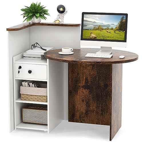 Tangkula Reception Desk, Front Counter Desk with Lockable Drawer & Adjustable Shelf, Oval Desktop, Retail Counter for Checkout, Computer Workstation for Salon Lobby Office, Home Office Desk