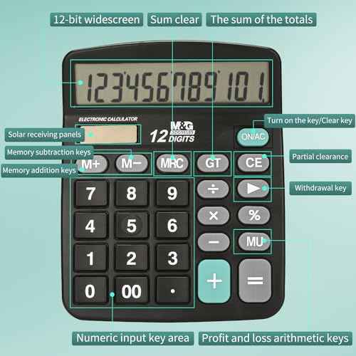 M&G Desk Calculator 12 Digit Office Calculators with Large LCD Display, Dual Solar Power and Battery, Recessed Big Button Calculator for Office Home School (Black)