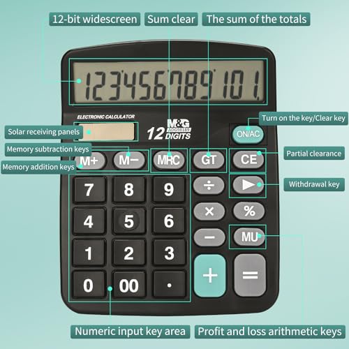 M&G Basic 12 Digit Desk Calculator with Large LCD Display, Dual Solar Power & Battery, Recessed Big Buttons for Office & Home