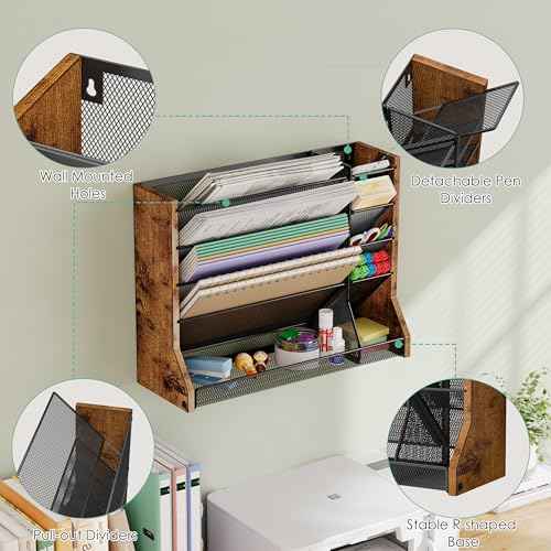 Wall Desk File Organizer 5 Tiers, Ironwood Hanging File Organizer with R-shaped Tray, Wall File Holder for Office Home, 4 Pull-Out Divider and Pen Slots to Sort File,Mail,Newspaper,Pen, Brown