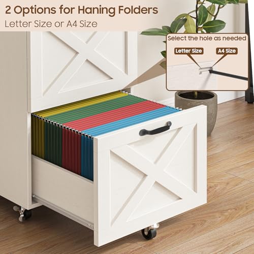 Halitaa 3-Drawer Farmhouse File Cabinet on Wheels - Rustic White, Includes Locking Casters