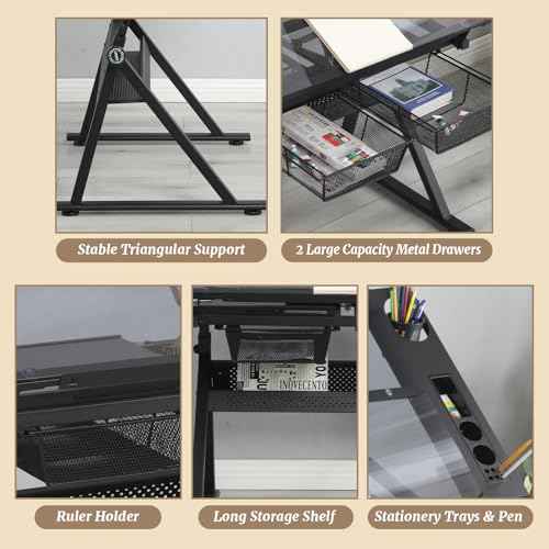 Black Drafting Table w/Stool, Painting Table Art Craft Desk Crafting Table with Tilting Tempered Glass Top, 2 Storage Drawers, Height Adjustable