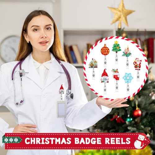 Yinkin 30 Pcs Christmas Retractable Badge Reels Acrylic Gillter Xmas Nurse Id Holder Name Card with Alligator Swivel Clip Santa Claus Snowman Elk Badge Holder for Nurse Gift New Year