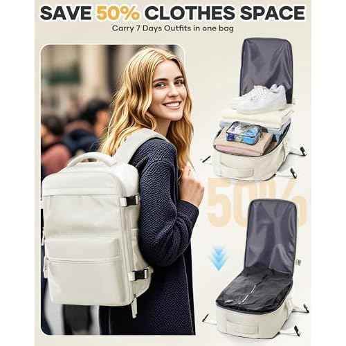 Vacuum Seal Backpack for Clothing Travel with Air Pump Waterproof Laptop Carry On Backpack Personal item Travel Essentials Compression Space Saver Bags Storage with Vacuum System Women Beige