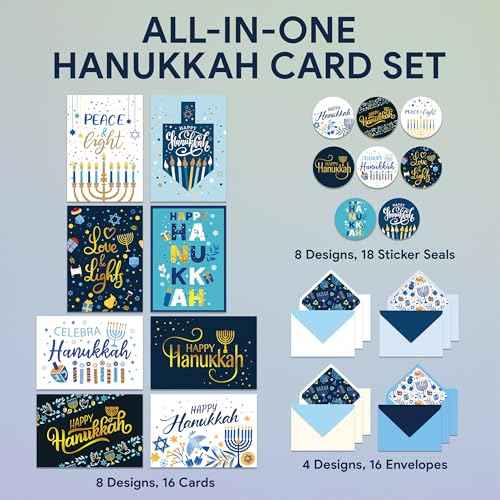 Decorably 16 Pack Gold-Foiled and Glittery 5x7in Happy Hanukkah Cards with Envelopes and Stickers - 8 Elegant Designs Assorted Hanukkah Card with Printed Message Inside