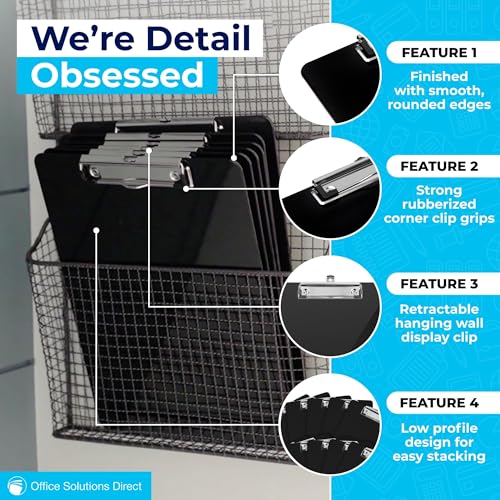 6-Pack Black Plastic Clipboards, Low Profile 12.5x9 in Holds 100 Sheets