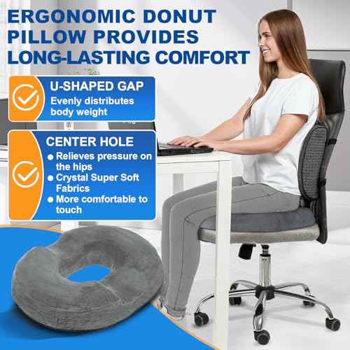 Donut Cushion Memory Foam Hemorrhoids Cushion for Postpartum & Coccyx & Tailbone Pain Pressure Relief for Office Chair, Wheelchair, Office, Car Seat (Grey)