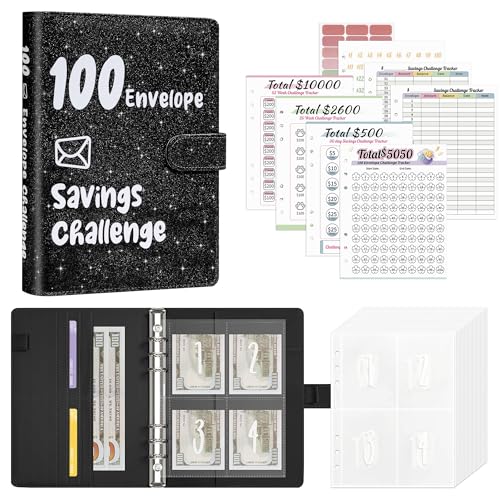 Ospelelf Glitter Black 9x7 Inch Money Saving Challenge Budget Binder with Cash Envelopes