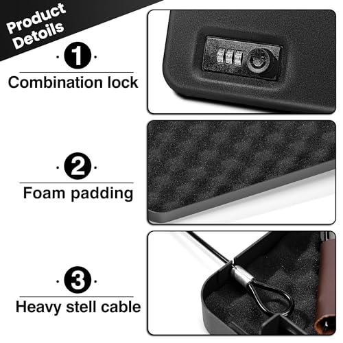 Portable Travel Gun Safe for Handgun and Valuables, Pistol Safe, Handgun Safe with Combination Lock Box for Car, 9.4" x6.6" x1.8",Black
