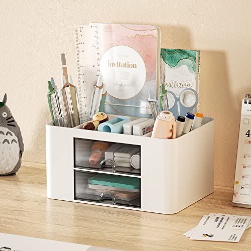 Marbrasse White Pen Organizer with 2 Drawers & Compartments - Multi-Functional Desk Storage