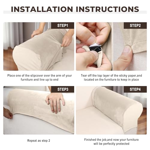 Taque Cream Velvet Stretch Armrest Covers 2Pcs - Sofa Armrest Slipcovers, Anti-Slip