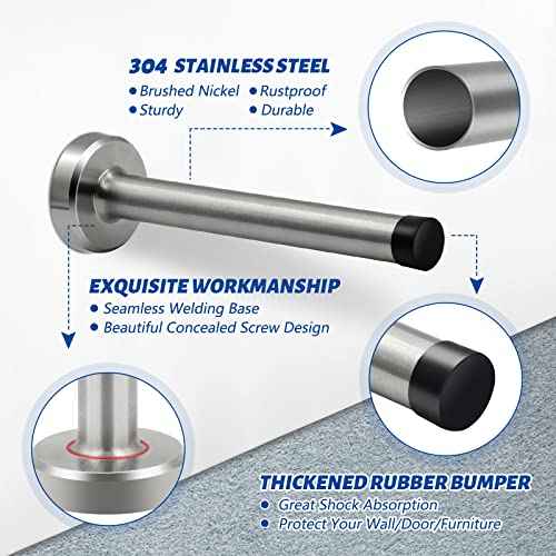 Brushed Nickel Doorstops (10 Pack) - 6 Inch Extra Long Metal Door Stoppers, Wall Mounted Baseboard Door Stop Bumper, Silver