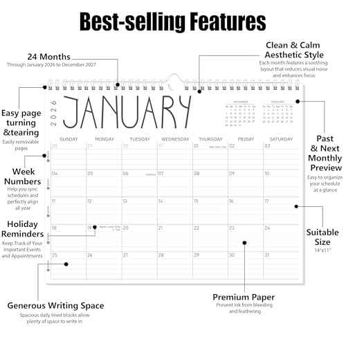 GuassLee Wall Calendar 2026-2027, 24-Month Wall Calendar Runs from January 2026 until December 2027,14" X 11" Hanging Monthly Planner with Thick Paper, Ruled Blocks for Home School Office Organizing