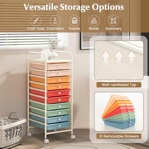 RELAX4LIFE Macaron 10-Drawer Rolling Cart with Lockable Casters, 34" H Craft Storage Trolley