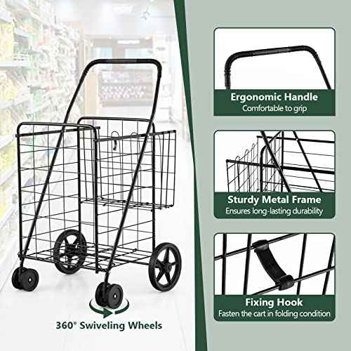 Flat Folding Shopping Cart, 130 LBS Heavy Duty Utility Cart W/ 360¡Æ Swivel Front Wheels, 24" x 23" x 40" Foldable Grocery Cart for Laundry, Shopping, Groceries