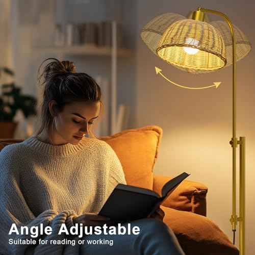 Oneach 65" Arc Floor Lamp for Living Room, Adjustable Height Gold Floor Lamps with Rattan Lampshade, Foot Switch, Boho Farmhouse Tall Lamp for Bedroom Corner Study Home Office