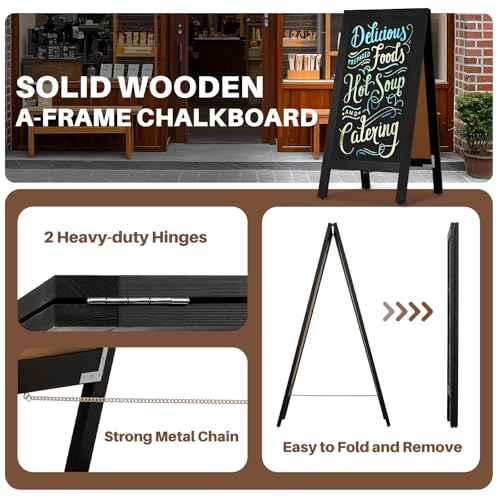 4 THOUGHT A-Frame Double-Sided Magnetic Chalkboard 40"x20", Solid Pine Wood Freestanding Sandwich Board for Restaurants, Cafes, Weddings (Black)