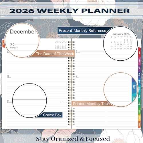 2026 Planner - Planner 2026, 9" x 11", Jan.2026 - Dec.2026, 2026 Planner Weekly and Monthly with Colorful Tabs, Strong Twin-wire, Back Pocket - Engraved Floral