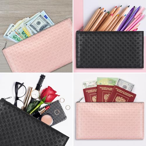 Wteehn 2-Pack Money Bags – PU Leather Zipper Pouches for Cash, Coins, Receipts (Black + Light Pink)