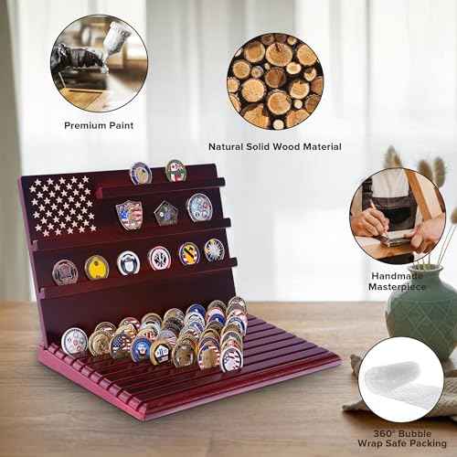 Challenge Coin Display Stand, 13-Row Solid Wood Military Coin Holder with Sloped Base, Holds 80-110 Coins, Coin Holders for Collectors