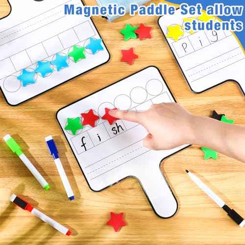 Jetec 16 Pcs Magnetic Paddle Set Education Dry Erase Double Side Handheld Answer Board with Dry Erase Markers Phonemic Awareness Phonics Supplies (Star Shaped Counters)