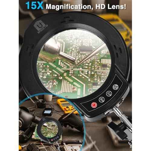 15X Magnifying Desk Lamp with Light, 5 Color Modes & Stepless Dimming, 3-Section Swing Arm with Clamp/Stand for Crafts/Jewelry Repair/Reading (84 LEDs, Real Glass Lens)(Black)