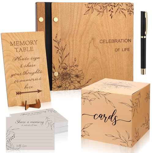 Yexiya 64 Pcs Celebration of Life Guest Book Set, Cherry Wood Funeral Guestbook with Floral Laser Engraving, 60 Share a Memory Cards, Card Box, Sign & Pen for Memorial Service Farewell Party