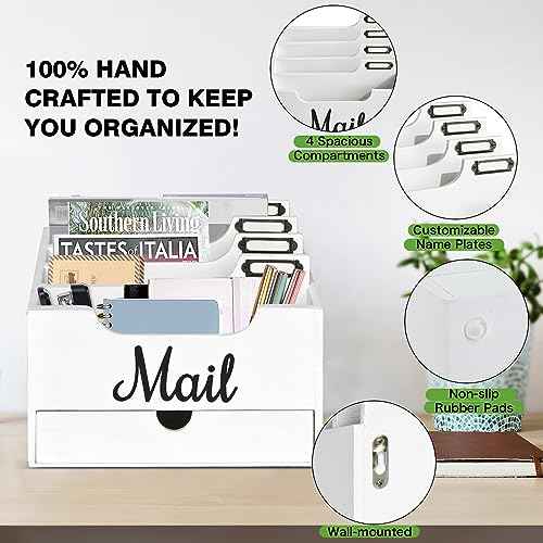 Mail Holder with 4 Compartments and Drawer, Wood Mail Holder Sorter Holder,Countertop Desk Office Accessories for File Letter Paper Folder, Drawer Storage