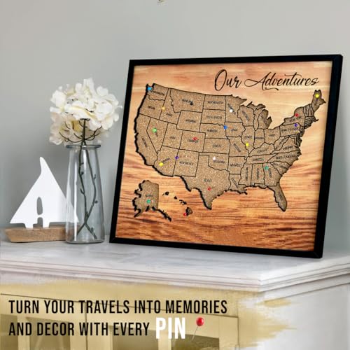 flinelife Cork Board Usa Travel Map With Pins, 12x10, Medium Size, Map of United States, Perfect For Couples and Families Gift