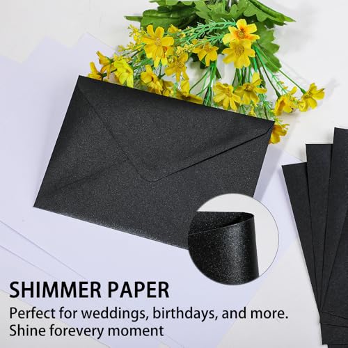 UoeRing Black 5x7 Envelopes 50Pcs Pearl Paper with Gold Stickers - A7 Size