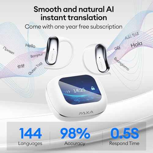 PAXA Ai Translator Earbuds 3-in-1 Two-Way Translation Earbuds Real Time Wireless Bluetooth 5.4 Headphones Translator with Touch Screen Housing for Foreign Travel/Learning/Business Openairultra,White