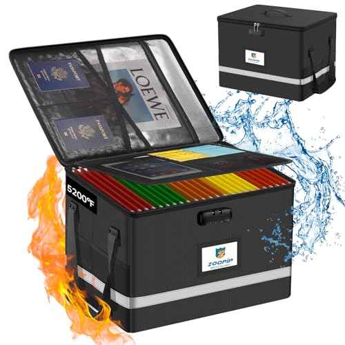 Fireproof File Box with Lock, 5200¡ÆF Document Box Storage Organizer, Suitable for Hanging File Folders in Letter Size, Collapsible Box, Reflective Strip for Fast Find (16.6*12.6*10.2, Black)