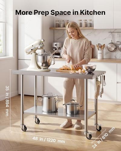 VEVOR Stainless Steel 24x48 inch Food Prep Table with Wheels, Undershelf, 30mm Backsplash
