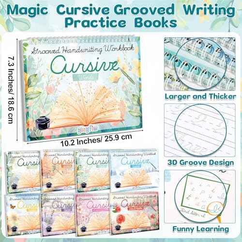 gisgfim 8 Pack Grooved Cursive Handwriting Workbook Learning Grooved Cursive Reusable Handwriting Practice kit with Disappearing Ink Pens Magic Copybooks Set for Kids Beginners Kickoff Student
