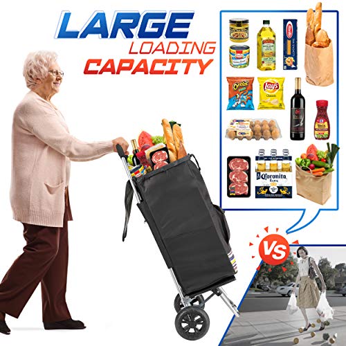 Shopping Cart, Super Loading Grocery Trolley, 220 lbs Capacity, Foldable Cart with Extra Large Black Shopping Bag Portable Grocery Utility Cart With Adjustable Bungee Cord