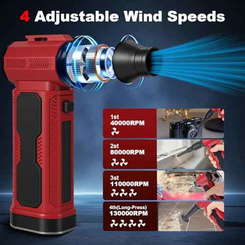 Electric Air Duster, 130,000RPM Compressed Air Duster with Flashlight ? 4-Speed Adjustable Cordless Air Blower for Keyboard PC Car & Home ? Super Power Rechargeable Mini Blower for Dust Cleaning