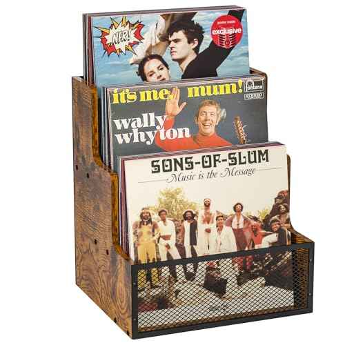 Vinyl Record Storage,Stepped 3 Tier LP Vinyl Record Crate,Vinyl Record Album Holder,Holds up to 60 Records,Desktop Metal & Wooden Record Box Case Crate