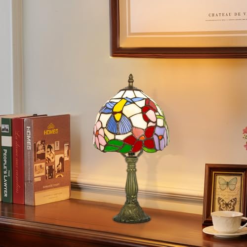 Small Tiffany Lamp 8 Inch Stained Glass, 3 Color Temperature Adjustable, Handcrafted Antique Bedside Lamp for Bedroom Living Room with E26 LED Bulb (Hummingbird)