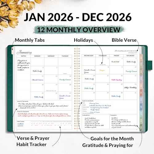 2026 Christian Planner - 12 Month Bible Journal and Prayer Planner 9"x11.2" Spiral Bound, Monthly & Weekly Christian Organizer Gifts for Women Men (Pacific Green)