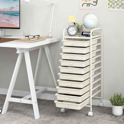 MEDIMALL 10 Drawers Rolling Storage Cart, Multipurpose Craft Storage Cart with Wheels, Mobile Tools Scrapbook Paper Organizer Cart for Office School Home Use
