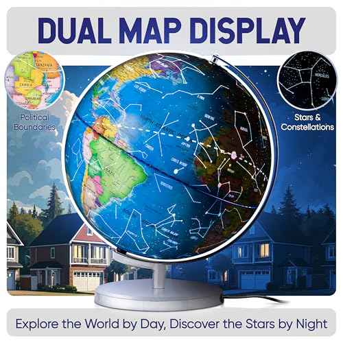 9" Illuminated Educational Kids World Globe + STEM Flags & Countries Interactive Card Game. 3 in 1 Children Desktop Spinning Earth Political & Constellation Maps, LED Night Light Lamp