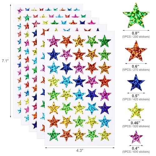 2040 Pcs Star Stickers, 5 Sizes Small Stars for Kids Reward, Sparkly Holographic Stickers, Glitter foil Stickers for Behavior Reward Chart and DIY Decoration