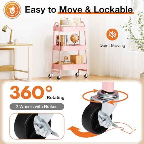 Sweetcrispy 3 Tier Metal Storage Utility Cart with Wheels, Kitchen Organizer Trolley Rolling Bathroom Laundry Room Bar Office Shelves Mobile Shelving Unit Caster for Snack Bedside Narrow Places, Pink