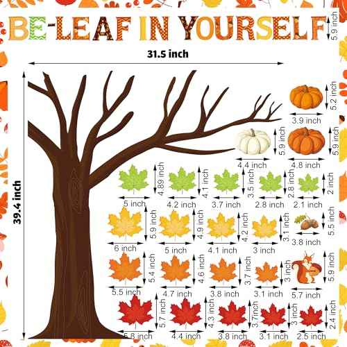 Fall Tree Classroom Bulletin Board Decorations Pumpkin Maple Leaves Bulletin Board Cutouts Be Leaf in Yourself Paper Cutout with Glue Points for Classroom School Chalkboard Home Wall Decor, 94 Pcs