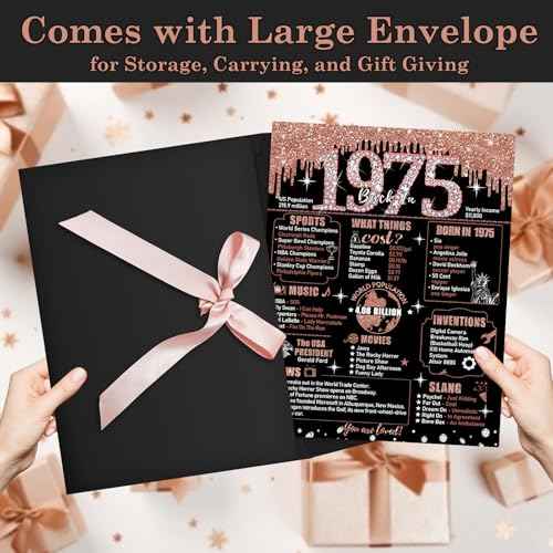 Large 50th Birthday Card for Women with Envelope, Black Rose Gold Happy 50th Birthday Guest Book Gifts Jumbo Fifty Greeting Card Back in 1975 Decorations Party Supplies
