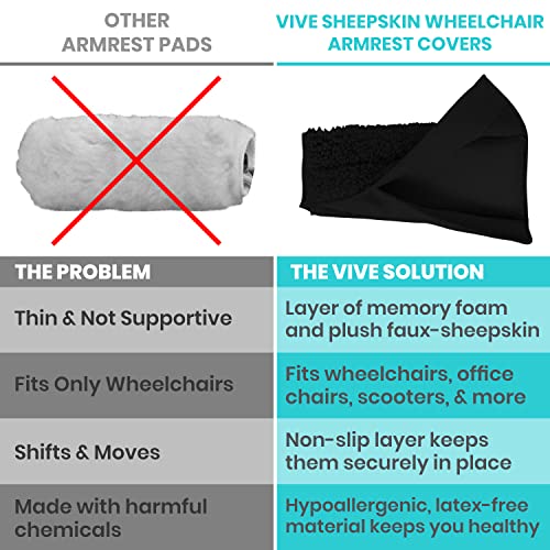 Vive Wheelchair Armrest Pads (2 Pcs) Memory Foam Sheepskin Cushion - Black