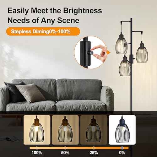 Dimmable Industrial Floor Lamps Black for Living Room with Heavy Base and 3 x 6w LED Bulbs Lamp, 68" Farmhouse Industrial Floor Lamp for Bedroom, Office, Home Decor